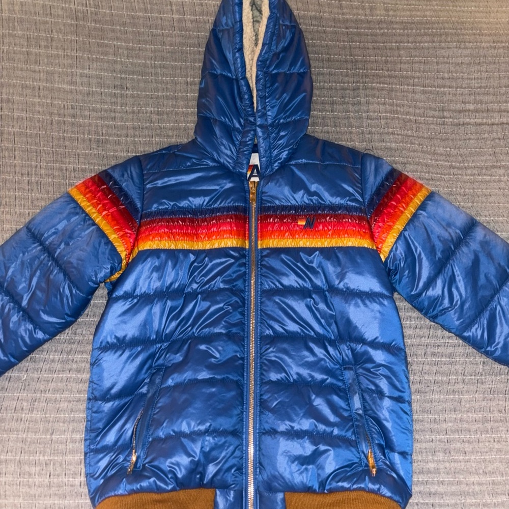 Aviator Nation Blue Puffer Jacket with Sporty Stripes